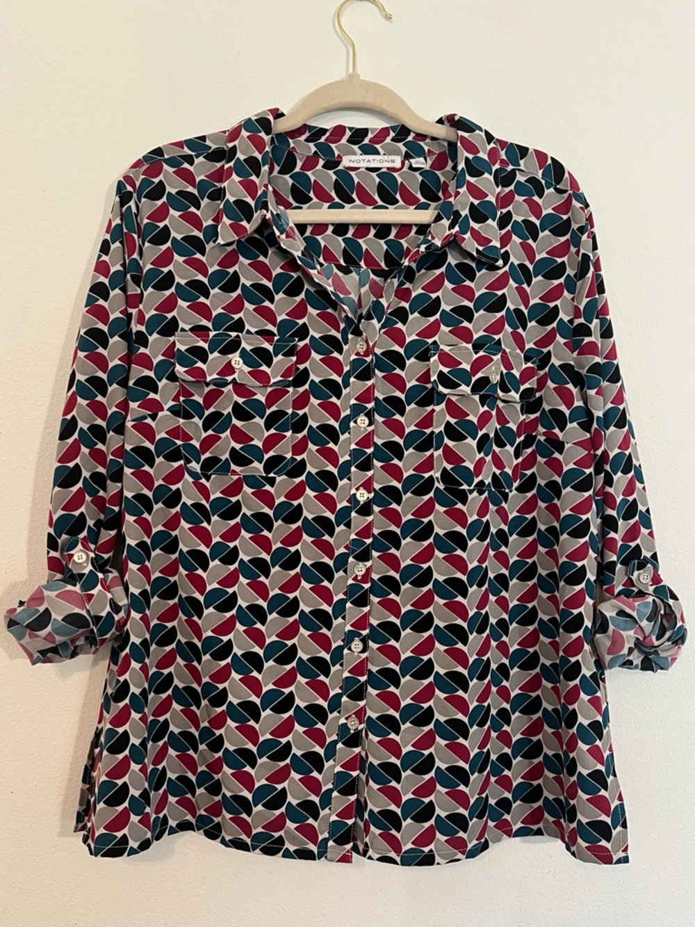 Notations Teal Navy Magenta & Cream Geometric Button-Down Blouse Size XL Office